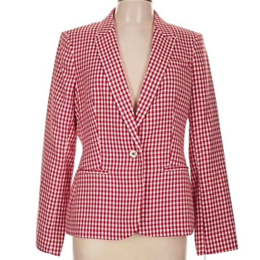 DESIGNER TOMMY HILFIGER RED/WHITE CHECK NOTCH COLLAR ONE BUTTON BLAZER SIZE 12.R
